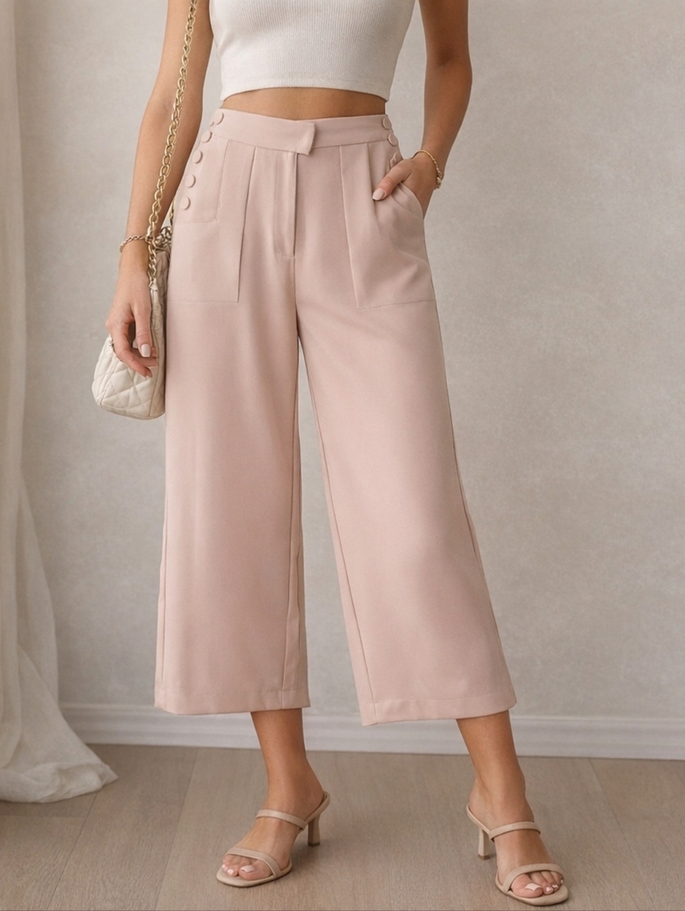 Balboa Wide Leg Cropped Pants Blush Pink High Rise Button Detail Womens M